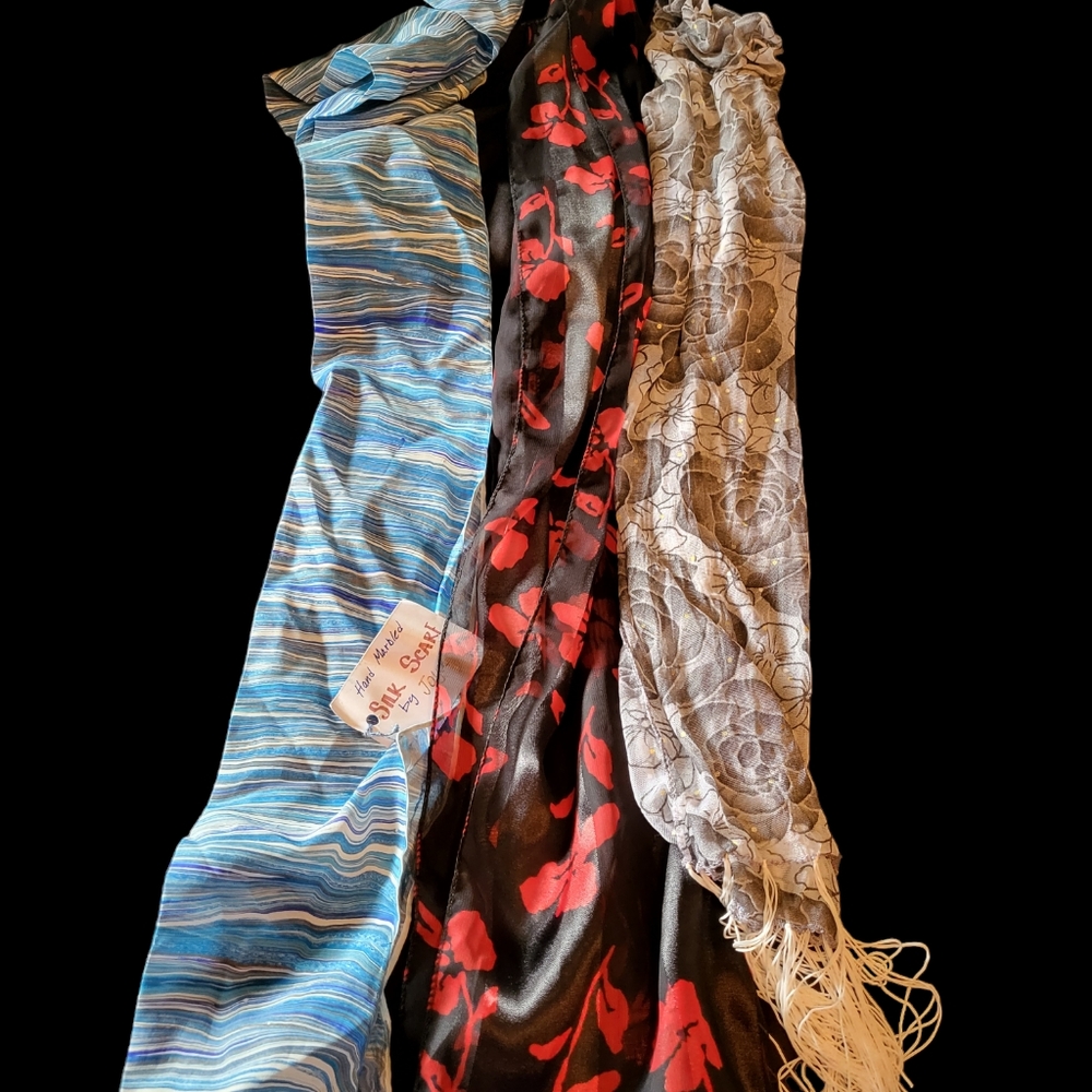 Set of 3 scarves. All are new, one is hand colored with tags.